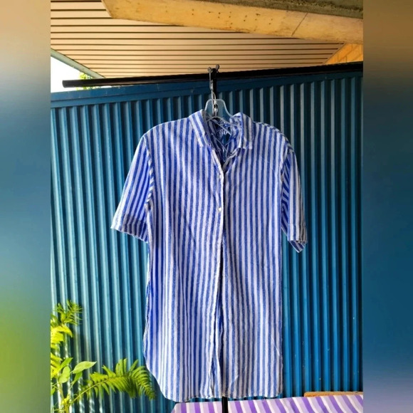 Zara Trafaluc Collection  Blue and White Pin Stripe Linen Long Shirt XS - Picture 2 of 8